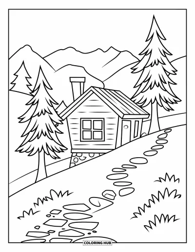 Coloriage de chalet rustique pour enfants : Chalet avec porche, cheminée, sapins et un chemin remontant la colline