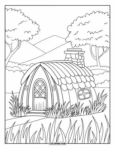 Coloriage de chalet rustique pour enfants : Chalet au toit arrondi entouré d'herbe, d'arbres et de montagnes
