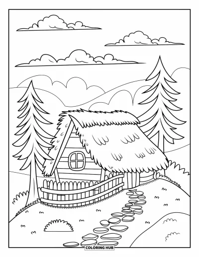Coloriage de chalet rustique pour enfants : Chalet au toit de chaume, avec des sapins et un chemin sinueux à travers les collines et les arbres