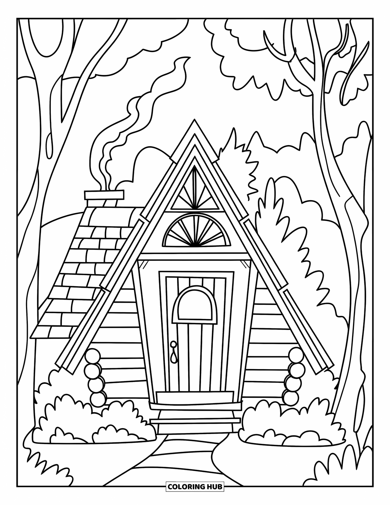 Cabin Coloring Page for Kids: Cabin with triangle roof, big door, smoke chimney, and trees all around