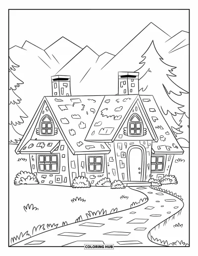 Coloriage de chalet rustique pour enfants : Chalet avec deux cheminées et chemin courbe entouré d'arbres et de montagnes