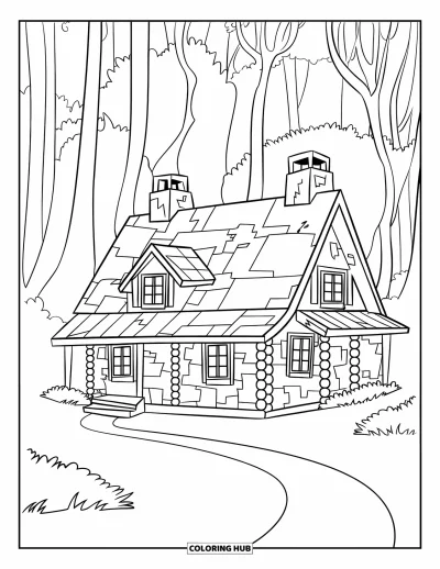 Coloriage de chalet rustique pour enfants : Chalet avec deux cheminées niché parmi de grands arbres avec un chemin qui mène vers l'entrée