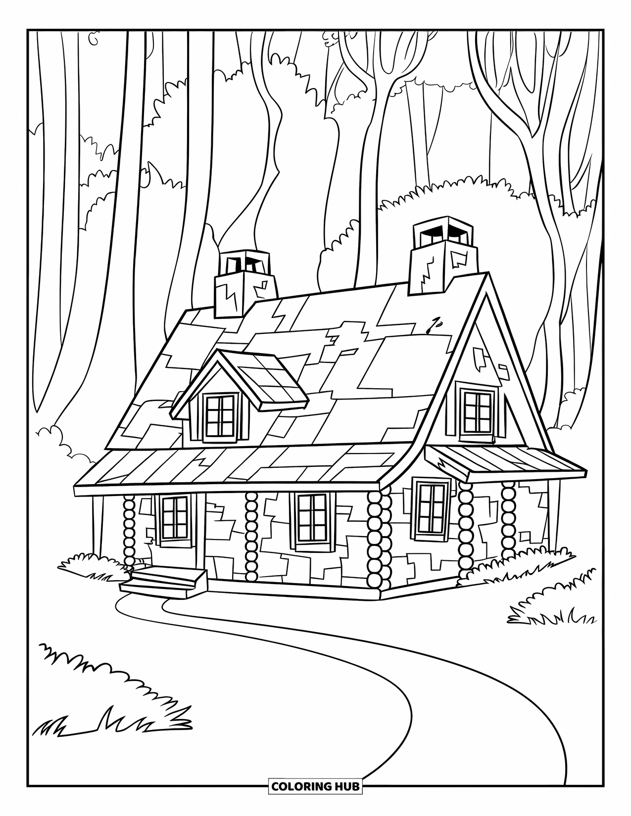 Cabin Coloring Page for Kids: Cabin with two chimneys nestled in tall trees with a path leading up