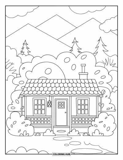 Coloriage de chalet rustique pour enfants : Chalet avec deux fenêtres et porche, entouré de buissons, d'arbres et de montagnes