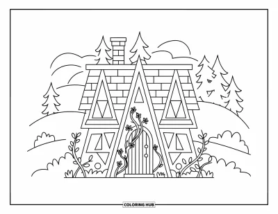 Coloriage de chalet rustique pour enfants : Chalet avec porte couverte de vigne niché dans de douces collines avec quelques arbres