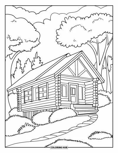Coloriage de chalet rustique pour enfants : Chalet avec larges rondins et marches avant reposant entre les arbres sous un ciel calme