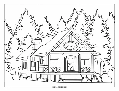 Coloriage de chalet rustique pour enfants : Chalet douillet avec grand avant-toit et cheminée caché parmi de hauts sapins