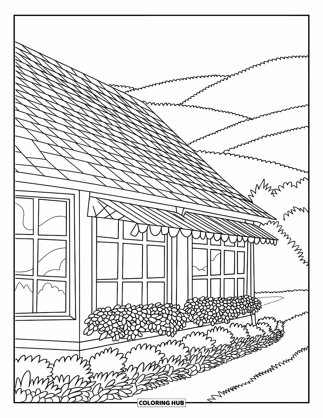 Cabin Coloring Page for Kids: Cozy cabin with big windows and flower beds facing gentle, rolling hills