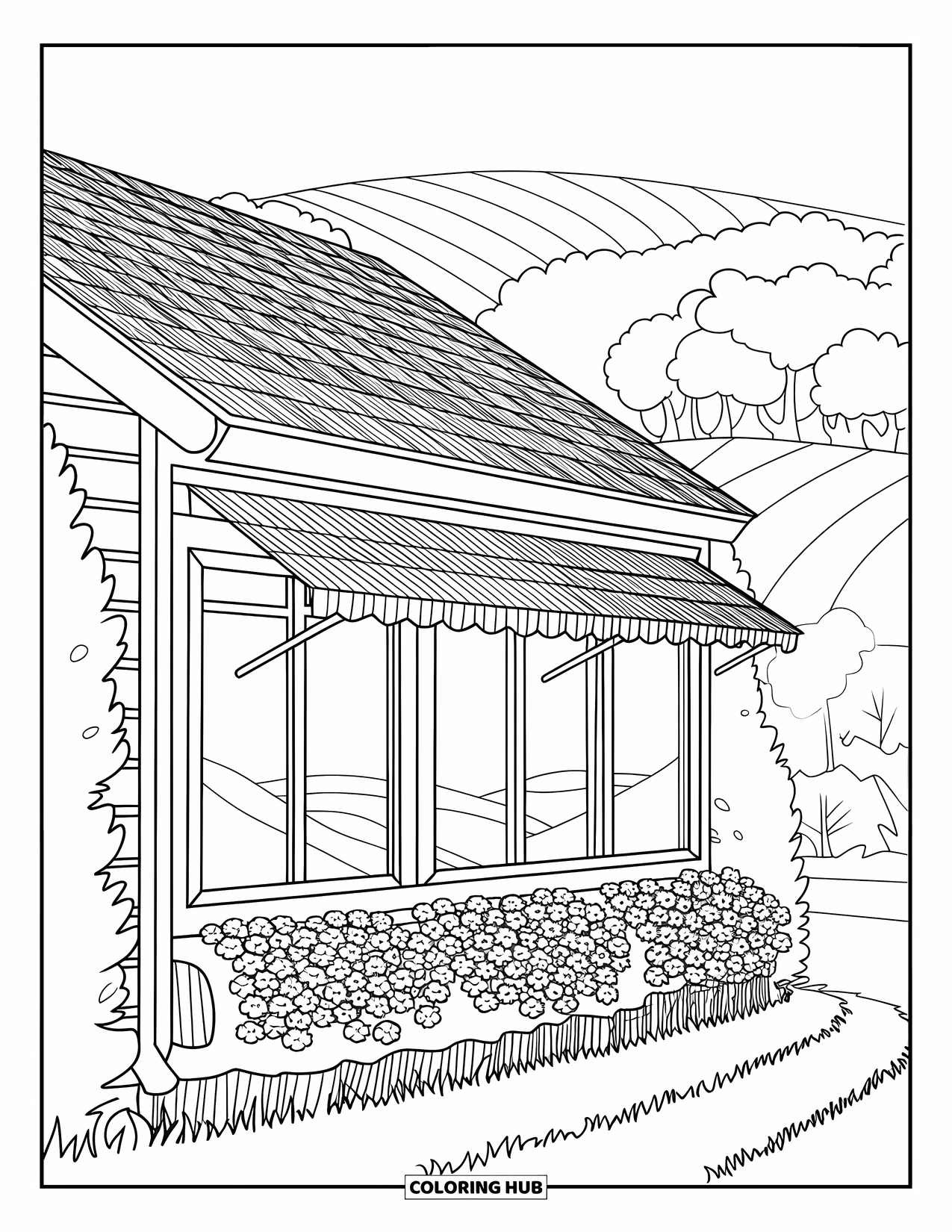 Cabin Coloring Page for Kids: Cozy cabin with flower beds and big windows looking out over quiet hills