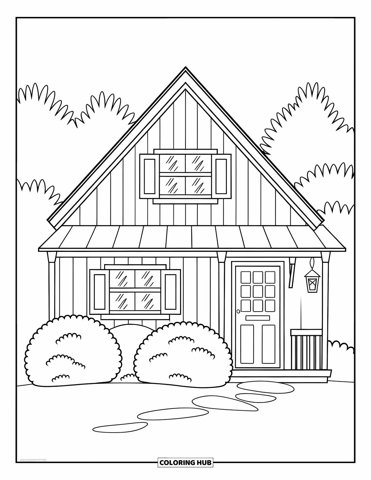 Cabin Coloring Page for Kids: Cozy cabin with lantern and bushes, set against a simple open space