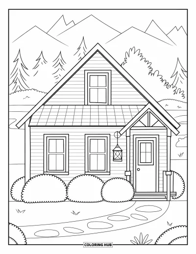 Coloriage de chalet rustique pour enfants : Chalet douillet avec porche, lanterne et buissons, entouré d'arbres et de montagnes