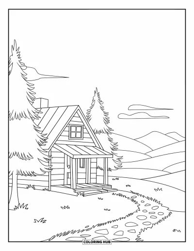 Coloriage de chalet rustique pour enfants : Chalet douillet avec deux sapins et un sentier de pierres serpentant à travers les collines