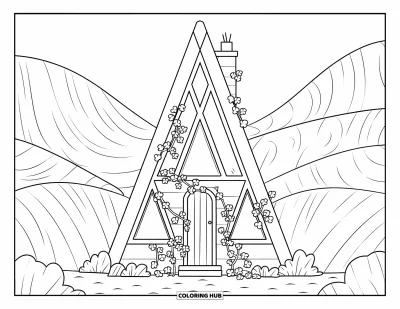 Coloriage de chalet rustique pour enfants : Chalet douillet avec vignes autour de la porte niché parmi des collines verdoyantes