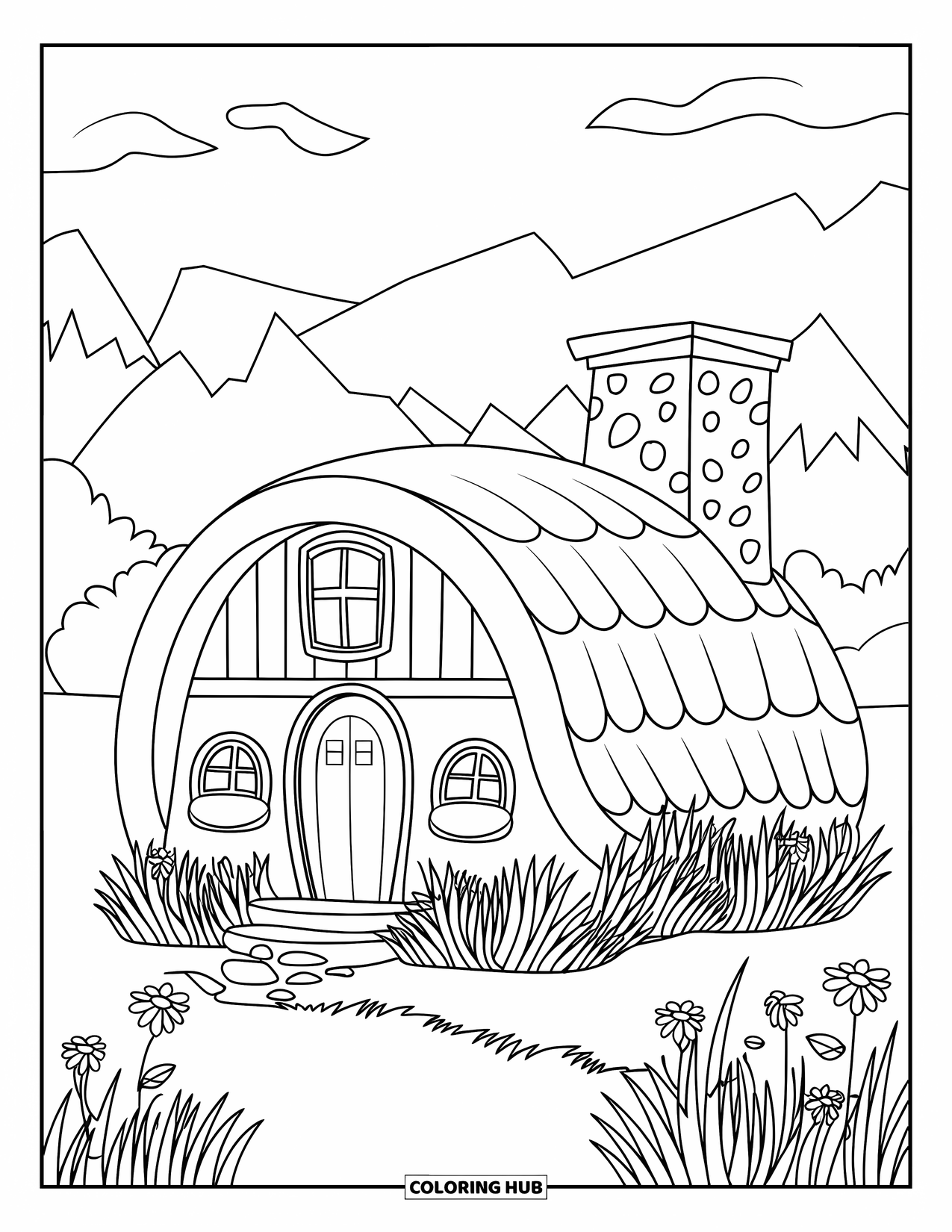 Cabin Coloring Page for Kids: Cozy round-roof cabin with chimney, grass, and flowers near peaceful mountains