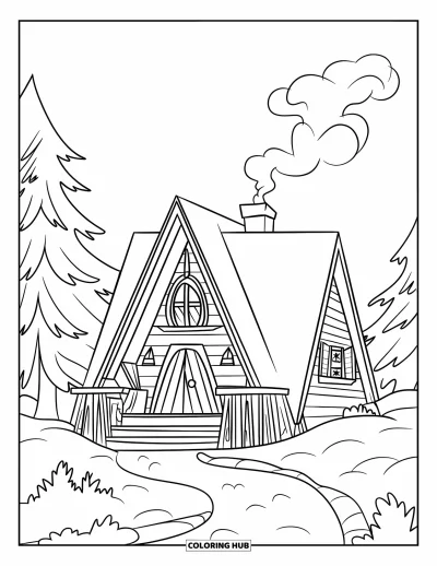 Coloriage de chalet rustique pour enfants : Chalet douillet au toit triangulaire avec chemin et fumée de cheminée dans une forêt enneigée