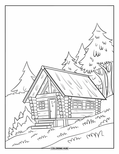 Coloriage de chalet rustique pour enfants : Chalet à flanc de colline avec murs en rondins et quelques arbres sous un ciel doux