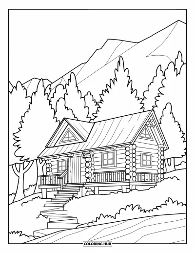Coloriage de chalet rustique pour enfants : Chalet à flanc de colline avec larges rondins et marches niché entre arbres et montagnes