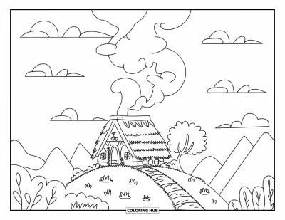 Coloriage de chalet rustique pour enfants : Chalet au sommet d'une colline avec fumée et un arbre, entouré de montagnes et de nuages