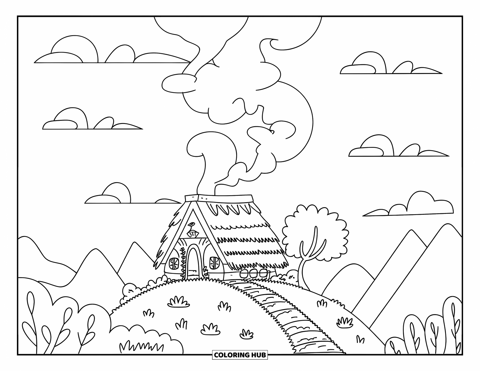 Cabin Coloring Page for Kids: Hilltop cabin with smoke and one tree, surrounded by mountains and clouds