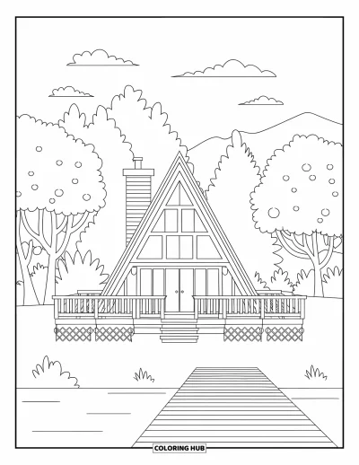 Coloriage de chalet rustique pour enfants : Chalet A-frame au bord du lac avec terrasse et cheminée niché dans une forêt accueillante