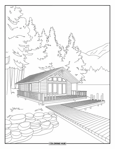 Coloriage de chalet rustique pour enfants : Chalet au bord du lac avec ponton et pierres empilées entouré d'arbres et de montagnes