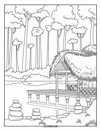 Coloriage de chalet rustique pour enfants : Chalet au bord du lac avec ponton, toit de chaume et reflets paisibles des arbres dans l'eau