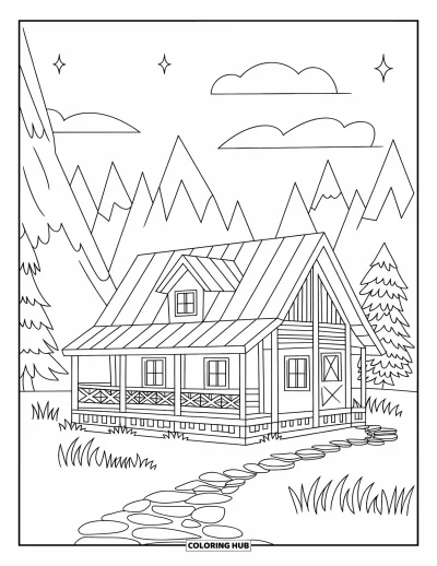 Coloriage de chalet rustique pour enfants : Chalet en hauteur avec poutres et porche sous un ciel étoilé parmi les arbres et les montagnes