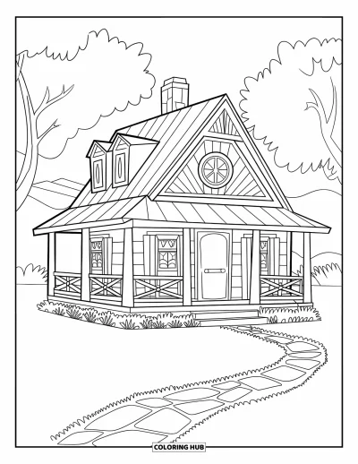 Coloriage de chalet rustique pour enfants : Chalet en hauteur avec poutres et chemin de pierres entouré d'arbres et de montagnes