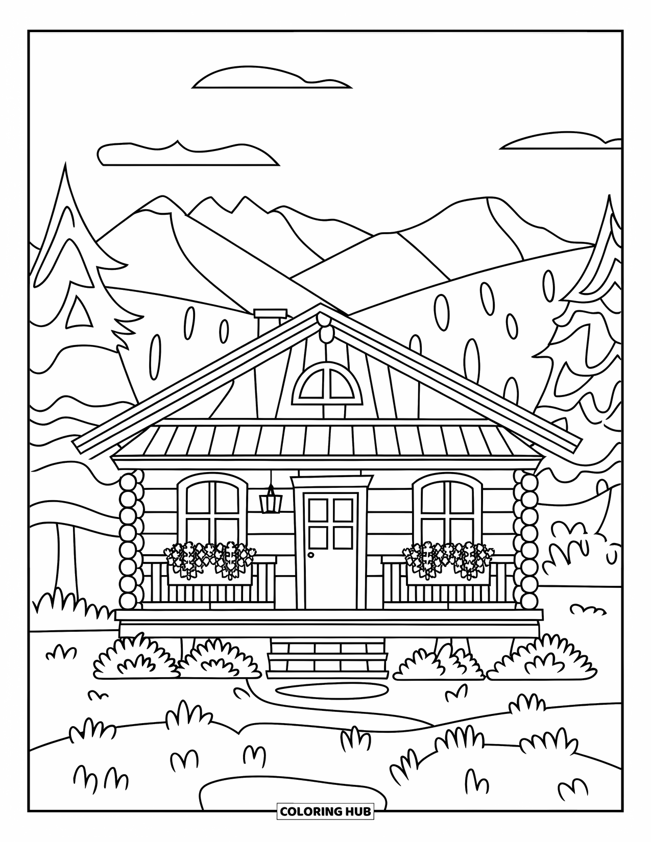 Cabin Coloring Page for Kids: Log cabin with flower boxes and a porch resting near mountains and trees