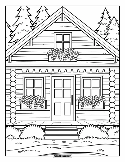 Coloriage de chalet rustique pour enfants : Chalet en rondins avec fleurs aux fenêtres et sur les marches, entouré d'une forêt accueillante