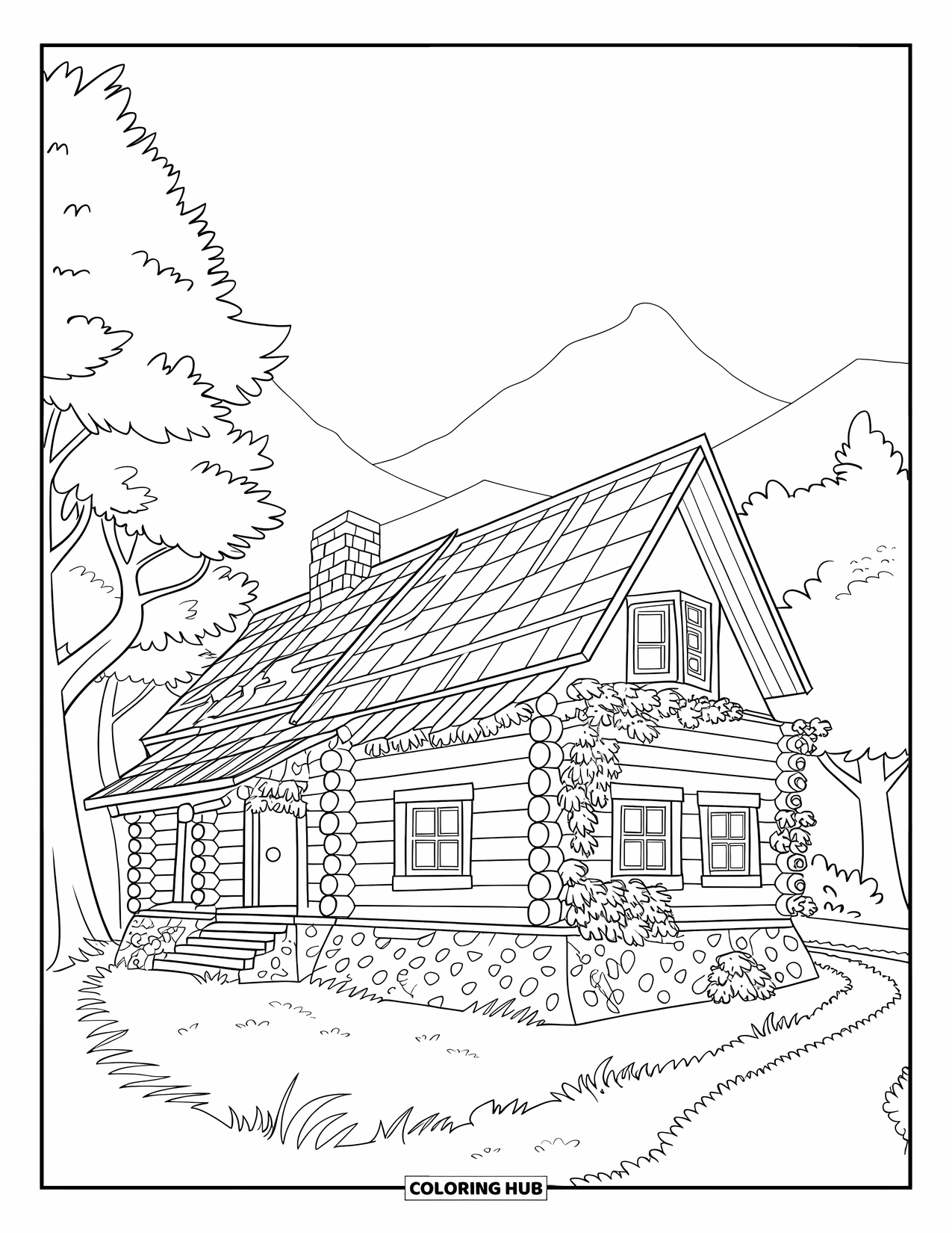 Cabin Coloring Page for Kids: Log cabin with ivy and chimney nestled near trees and mountain peaks