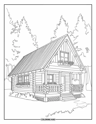 Coloriage de chalet rustique pour enfants : Chalet en rondins avec porche et fleurs reposant tranquillement dans une forêt paisible