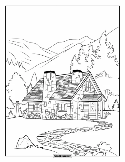 Coloriage de chalet rustique pour enfants : Chalet de taille moyenne avec chemin de pierres, arbres et montagnes sous un ciel clair
