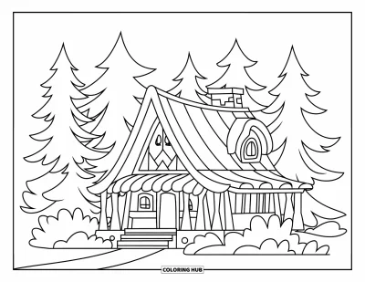 Coloriage de chalet rustique pour enfants : Chalet entouré de sapins avec de douces marches et une cheminée au cœur d'une forêt sereine