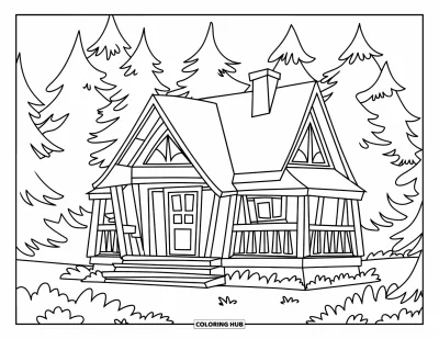 Coloriage de chalet rustique pour enfants : Chalet paisible avec marches incurvées niché parmi les sapins dans une forêt sereine