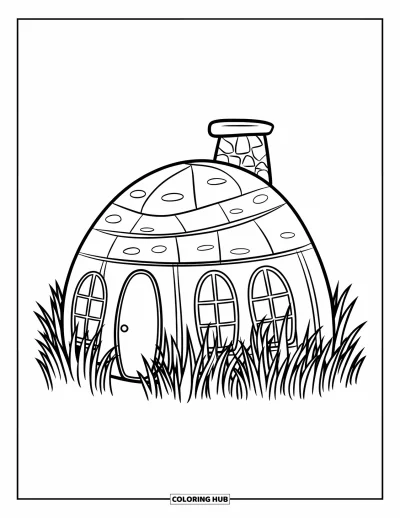 Coloriage de chalet rustique pour enfants : Chalet au toit arrondi avec cheminée entouré de hautes herbes et de lignes douces