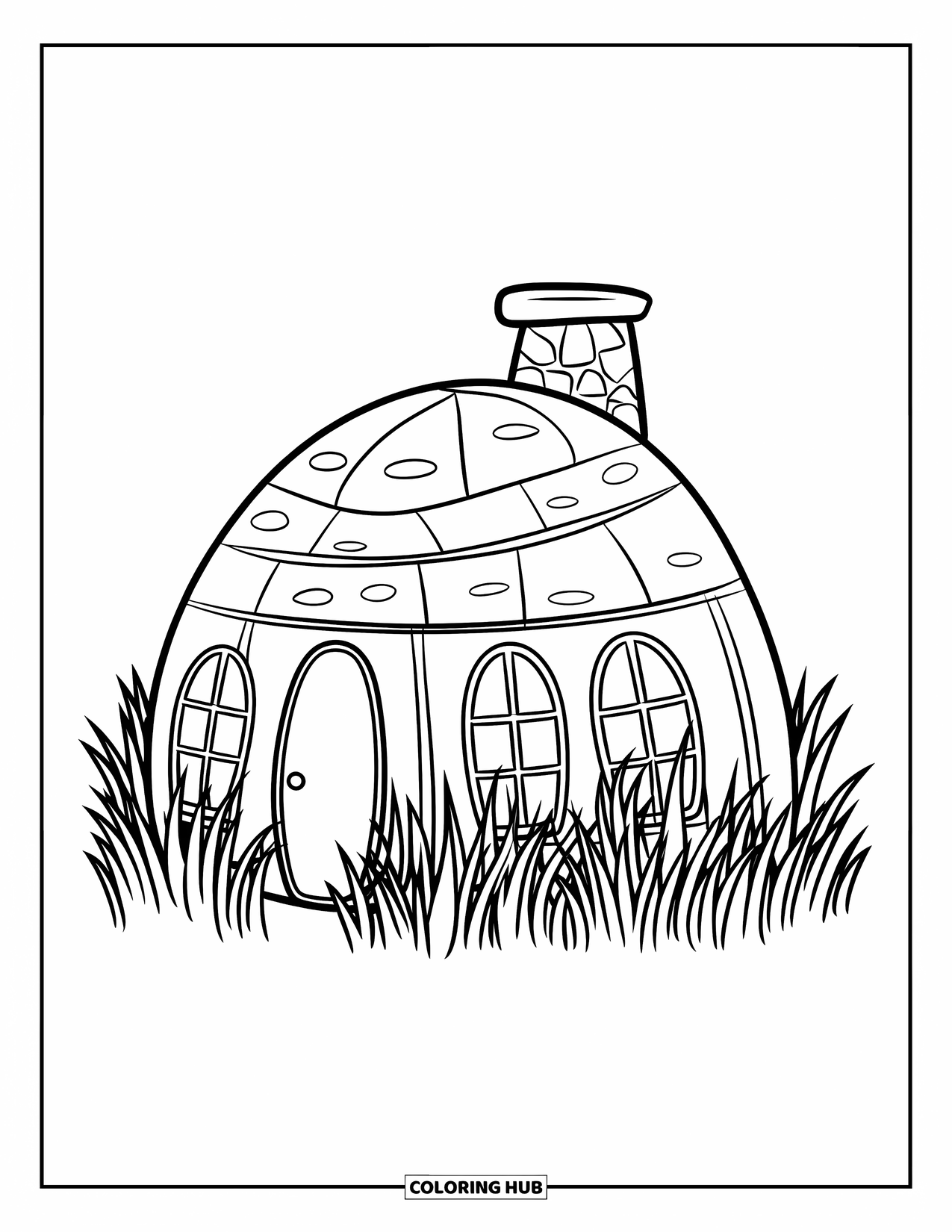 Cabin Coloring Page for Kids: Rounded-roof cabin with chimney surrounded by tall grass and soft lines