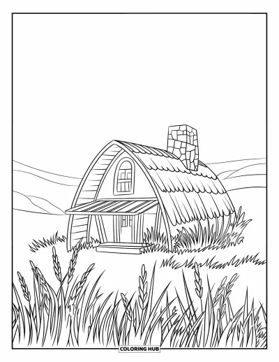 Coloriage de chalet rustique pour enfants : Chalet au toit arrondi avec cheminée en pierre et grandes herbes ondoyantes