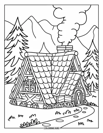 Coloriage de chalet rustique pour enfants : Chalet rustique avec poutres croisées et cheminée niché dans des montagnes enneigées