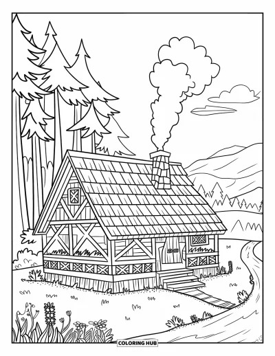Coloriage de chalet rustique pour enfants : Chalet rustique avec fleurs, escalier en bois et vue sur les montagnes dans une forêt paisible