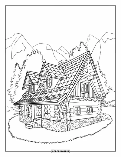 Coloriage de chalet rustique pour enfants : Chalet rustique avec lierre et cheminée blotti entre les arbres et les cimes des montagnes