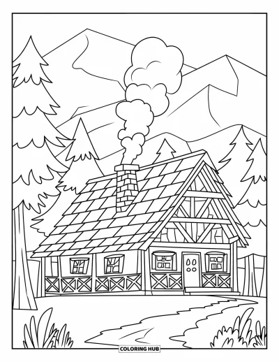 Coloriage de chalet rustique pour enfants : Chalet rustique avec cheminée fumante et chemin en bois entouré d'arbres et de montagnes