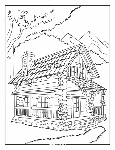 Coloriage de chalet rustique pour enfants : Chalet en rondins rustique avec lierre, base en pierre et montagnes à l'horizon