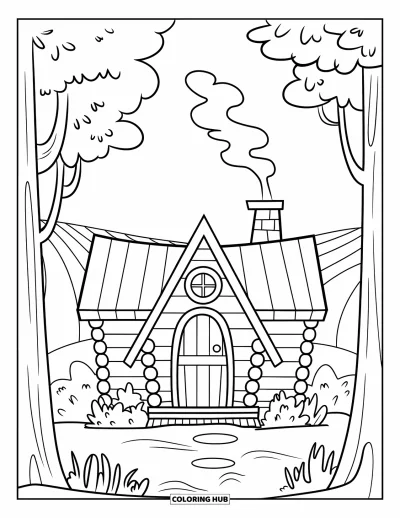 Coloriage de chalet rustique pour enfants : Petit chalet au toit triangulaire avec fumée de cheminée et arbres dans un paysage de collines ensoleillées