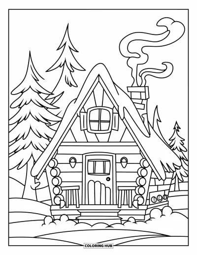 Coloriage de chalet rustique pour enfants : Chalet enneigé au toit triangulaire et cheminée entouré de sapins