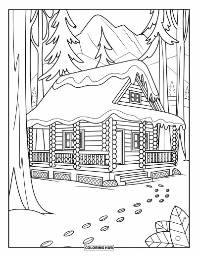 Coloriage de chalet rustique pour enfants : Chalet forestier enneigé avec murs en rondins, porche enveloppant et vue sur les montagnes