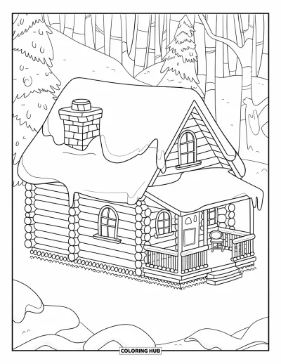Coloriage de chalet rustique pour enfants : Chalet forestier enneigé avec chaises sur le porche et cheminée sous de grands arbres