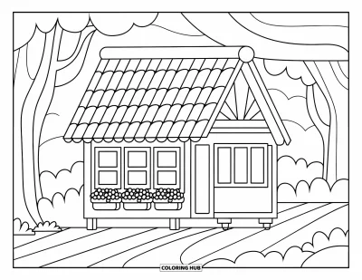 Coloriage de chalet rustique pour enfants : Petit chalet avec jardinières et chemin menant à une maison tranquille à la campagne