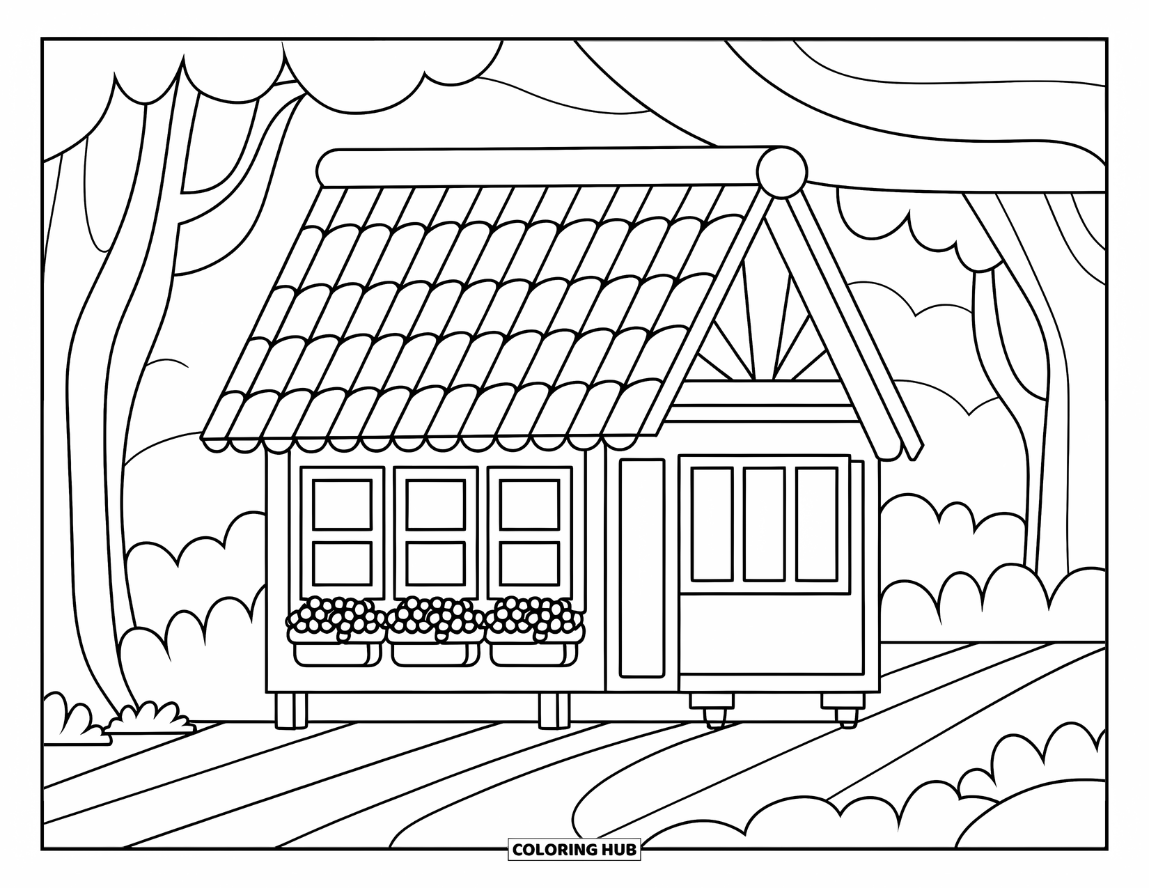 Cabin Coloring Page for Kids: Square cabin with flower pots and a path leading to a quiet countryside home