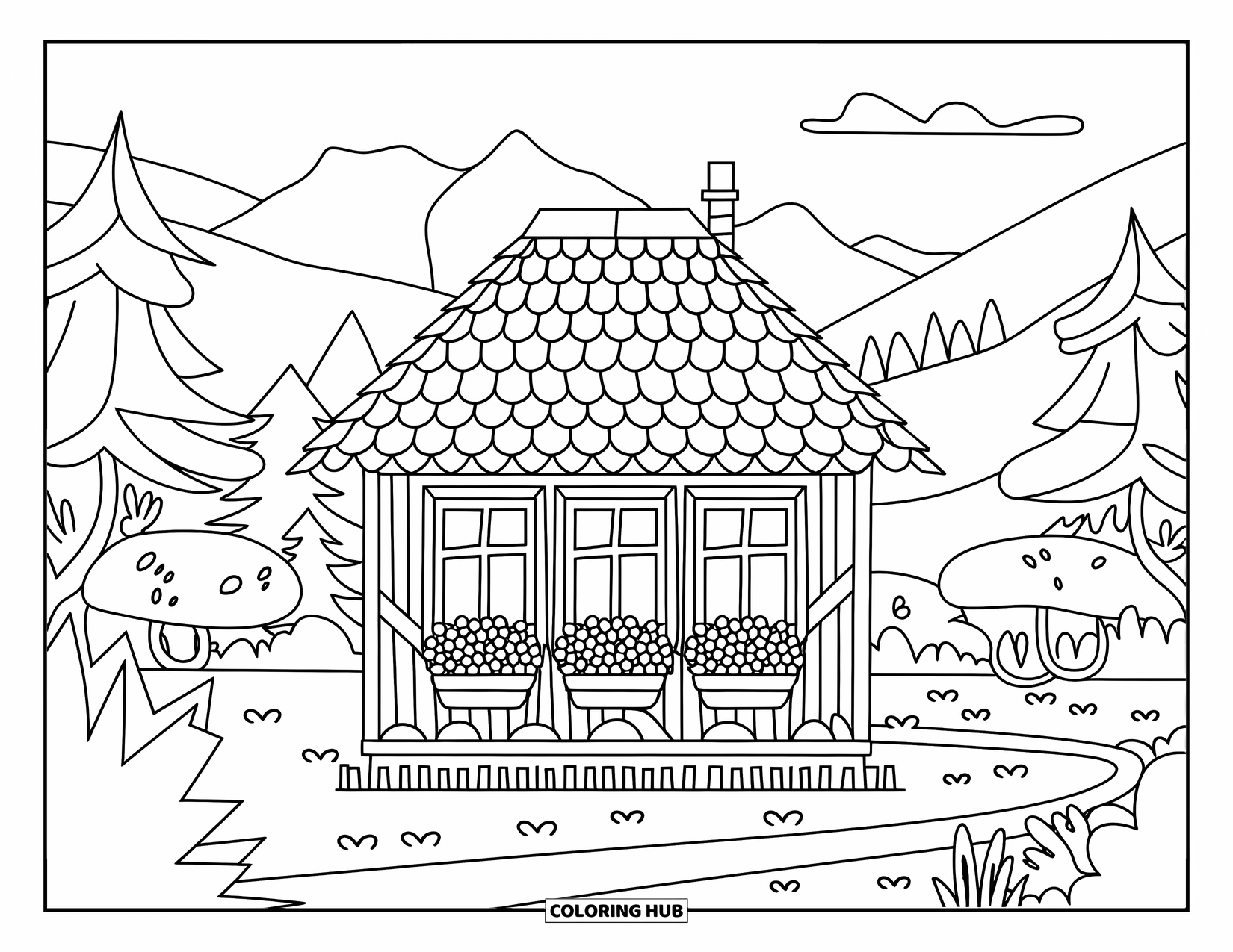 Cabin Coloring Page for Kids: Square cabin with thatched roof, flower pots, and peaceful paths among the trees